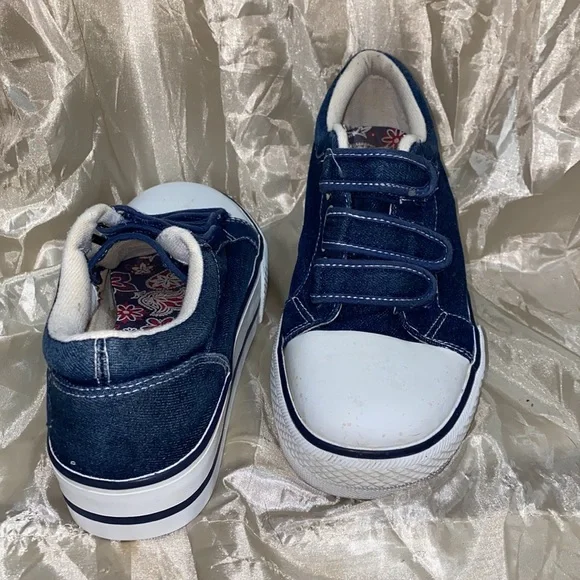 * RARE VINTAGE FIND * 8.5 CHUNKY PLATFORM Y2K 90s denim strappy Velcro schoolboy - Picture 4 of 4